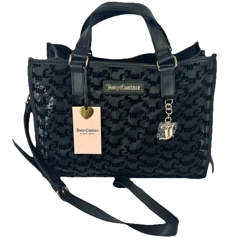 Juicy Couture Black Mesh Gothic Logo Satchel Crossbody‎ Bag Gold Tone Hardware